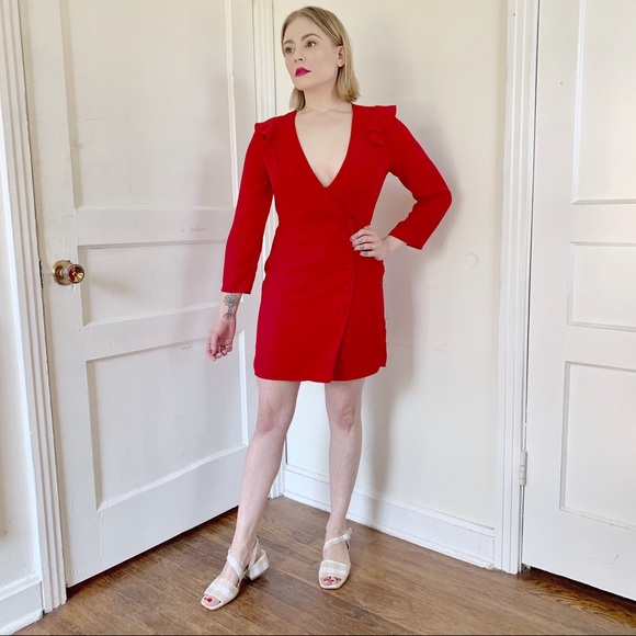 TOPSHOP Bright Red Ruffle Wrap Dress - Picture 3 of 8